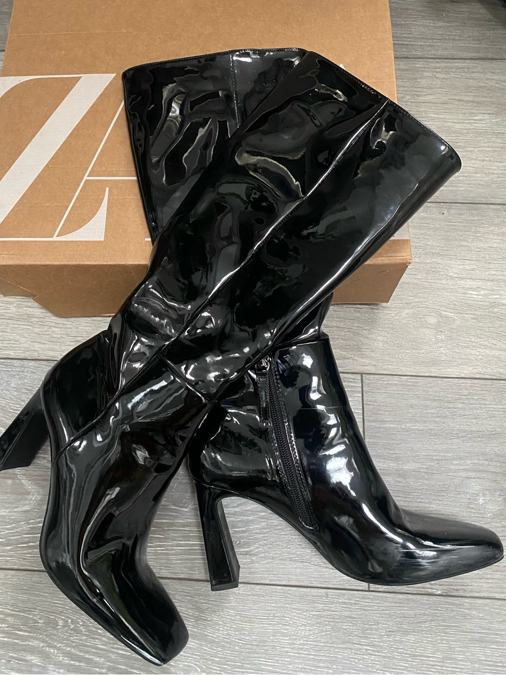 ZARA Patent Leather Knee-High Heeled Boots - Black